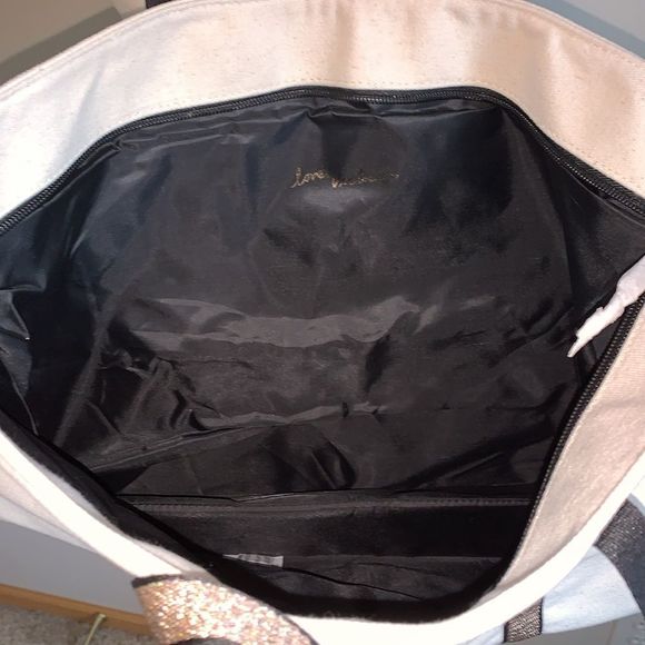 Victorias Secret Tote Beach Bag Large New Zip Canvas Cream Beige Gold Glitter - Picture 5 of 7